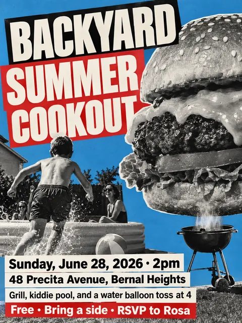 Neue Sachlichkeit / New Objectivity style party flyer for a fictional pool: Backyard Summer Cookout