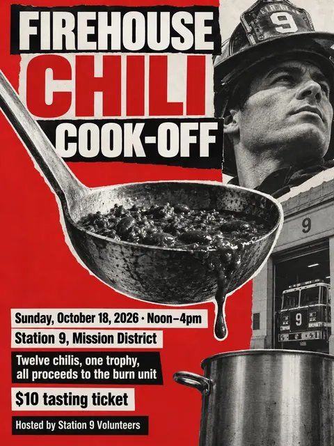Neue Sachlichkeit / New Objectivity style party flyer for a fictional fundraiser: Firehouse Chili Cook-off