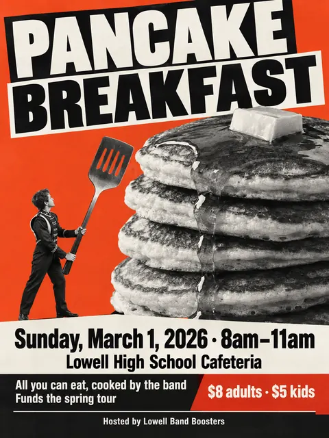 Neue Sachlichkeit / New Objectivity style party flyer for a fictional fundraiser: Pancake Breakfast