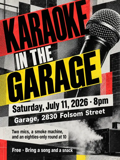 New Wave Typography style party flyer for a fictional house: Karaoke in the Garage