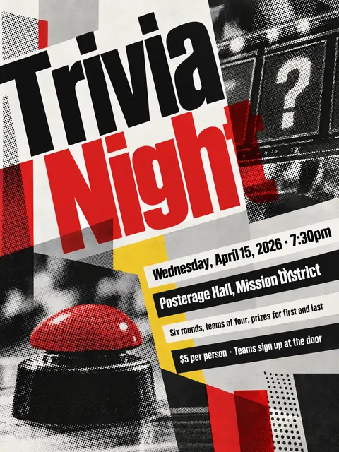 New Wave Typography style party flyer for a fictional house: Trivia Night