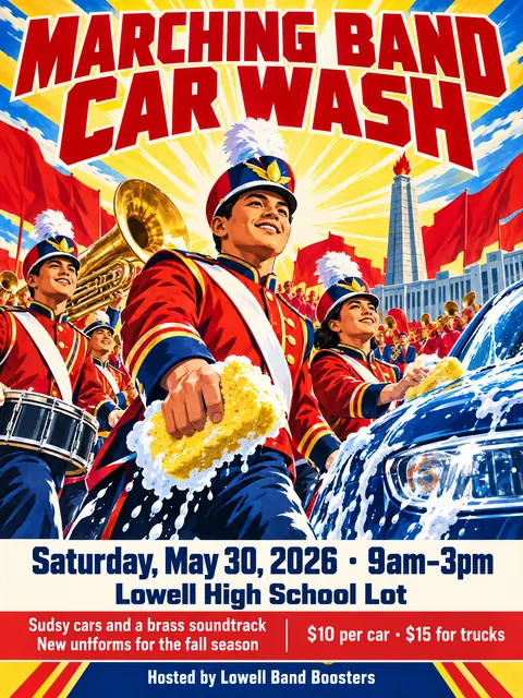 North Korean Propaganda style party flyer for a fictional car-wash: Marching Band Car Wash