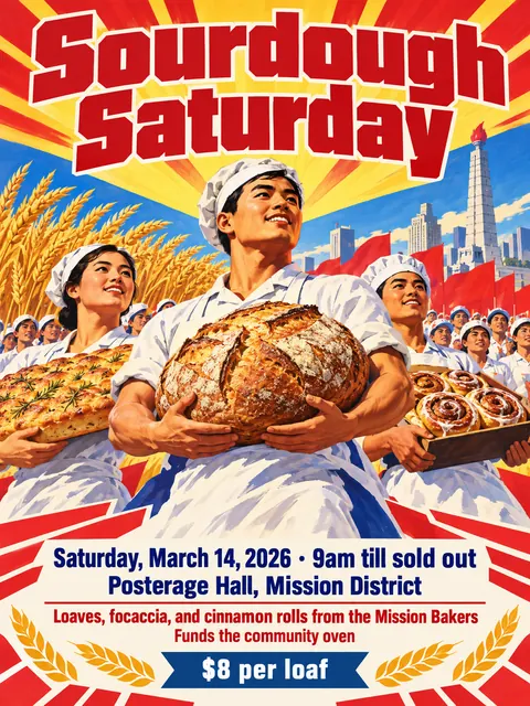 North Korean Propaganda style party flyer for a fictional bake-sale: Sourdough Saturday