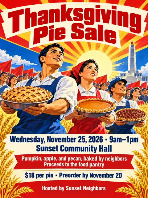 North Korean Propaganda style party flyer for a fictional bake-sale: Thanksgiving Pie Sale
