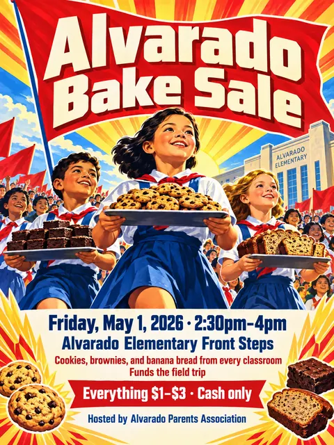 North Korean Propaganda style party flyer for a fictional bake-sale: Alvarado Bake Sale