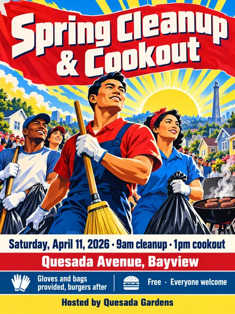 North Korean Propaganda style party flyer for a fictional block: Spring Cleanup & Cookout