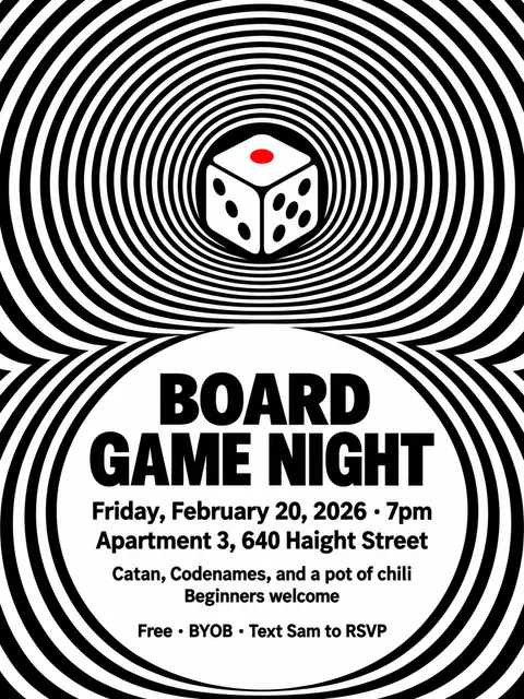 Op Art style party flyer for a fictional house: Board Game Night