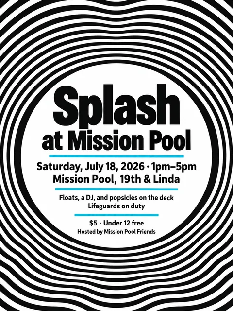 Op Art style party flyer for a fictional pool: Splash at Mission Pool