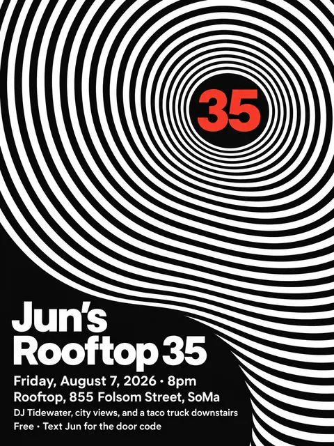 Op Art style party flyer for a fictional birthday: Jun's Rooftop 35