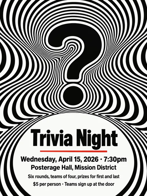 Op Art style party flyer for a fictional house: Trivia Night