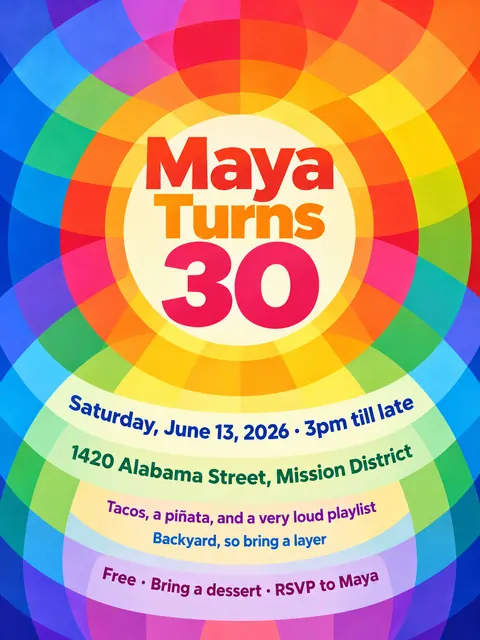 Orphism / Simultanism style party flyer for a fictional birthday: Maya Turns 30