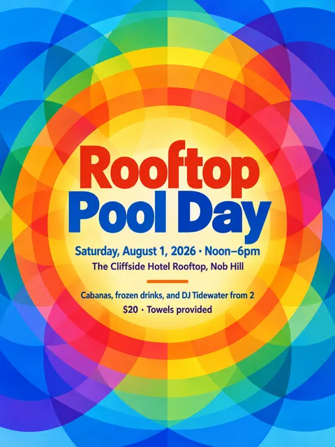 Orphism / Simultanism style party flyer for a fictional pool: Rooftop Pool Day