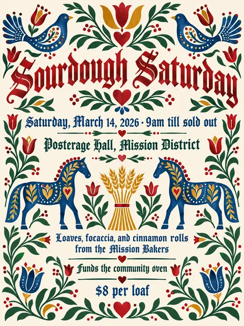 Pennsylvania Dutch / Fraktur style party flyer for a fictional bake-sale: Sourdough Saturday