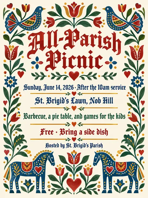 Pennsylvania Dutch / Fraktur style party flyer for a fictional church: All-Parish Picnic