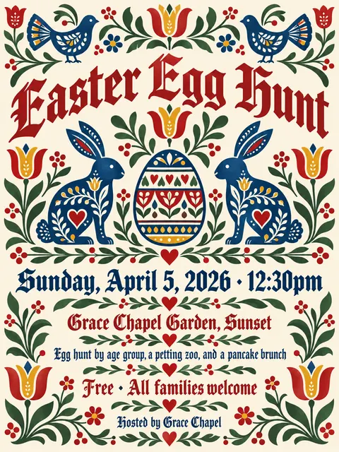 Pennsylvania Dutch / Fraktur style party flyer for a fictional church: Easter Egg Hunt