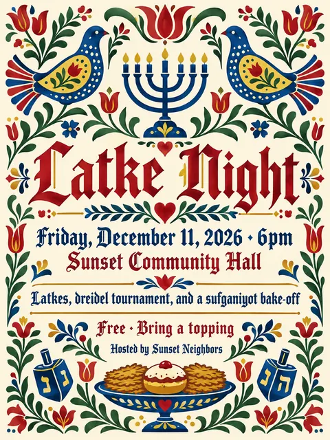 Pennsylvania Dutch / Fraktur style party flyer for a fictional holiday: Latke Night