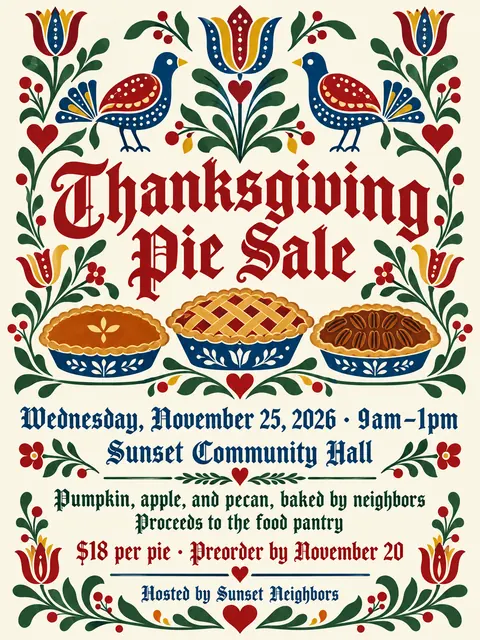 Pennsylvania Dutch / Fraktur style party flyer for a fictional bake-sale: Thanksgiving Pie Sale