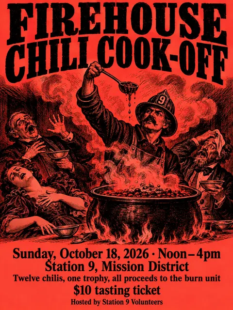 Penny Dreadful / Sensation Novel Cover style party flyer for a fictional fundraiser: Firehouse Chili Cook-off