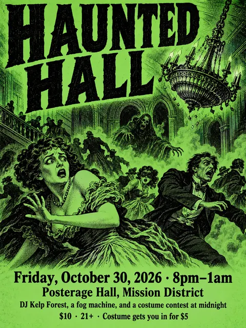 Penny Dreadful / Sensation Novel Cover style party flyer for a fictional halloween: Haunted Hall