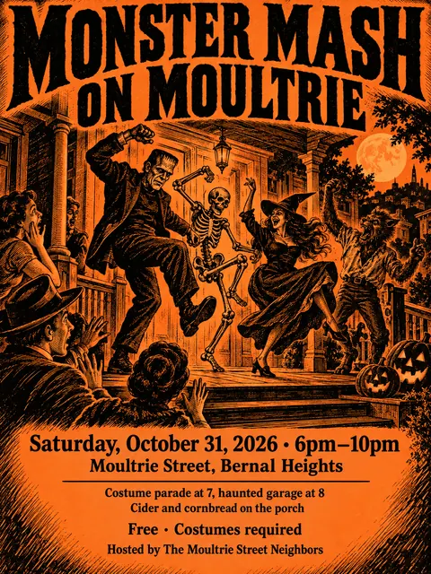 Penny Dreadful / Sensation Novel Cover style party flyer for a fictional halloween: Monster Mash on Moultrie
