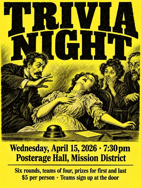 Penny Dreadful / Sensation Novel Cover style party flyer for a fictional house: Trivia Night