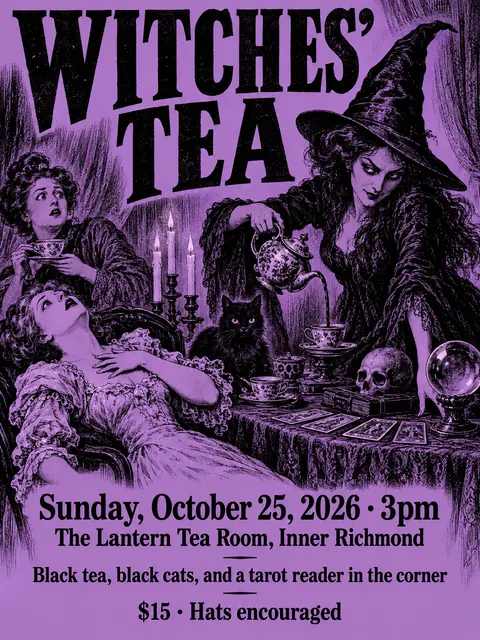 Penny Dreadful / Sensation Novel Cover style party flyer for a fictional halloween: Witches' Tea