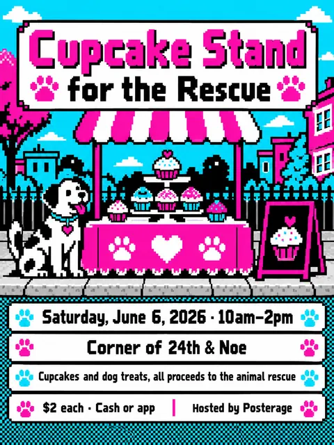 Pixel Art style party flyer for a fictional bake-sale: Cupcake Stand for the Rescue