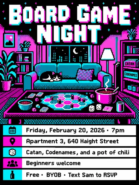 Pixel Art style party flyer for a fictional house: Board Game Night