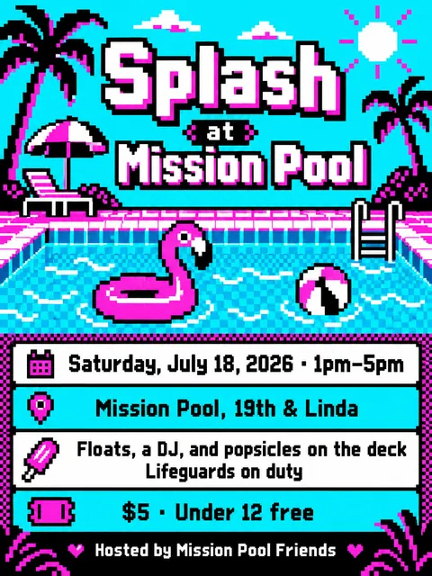 Pixel Art style party flyer for a fictional pool: Splash at Mission Pool