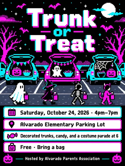 Pixel Art style party flyer for a fictional halloween: Trunk or Treat