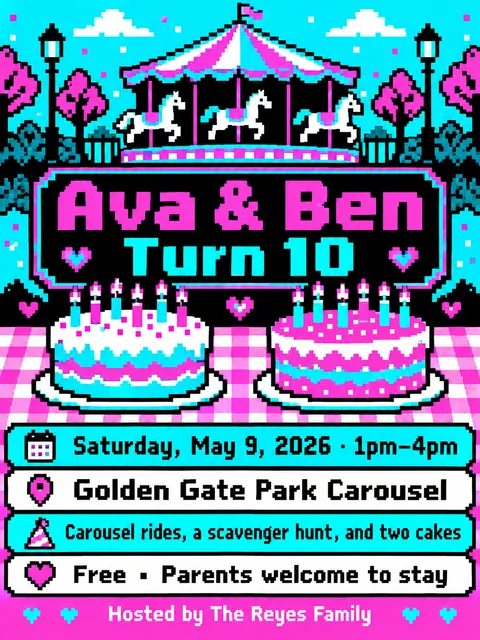 Pixel Art style party flyer for a fictional birthday: Ava & Ben Turn 10