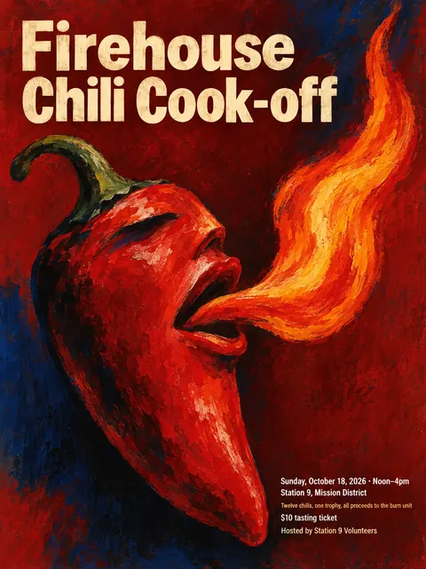 Polish Poster School style party flyer for a fictional fundraiser: Firehouse Chili Cook-off