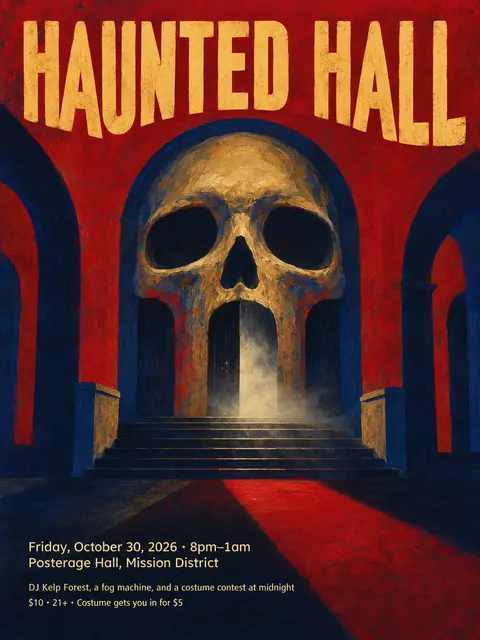 Polish Poster School style party flyer for a fictional halloween: Haunted Hall