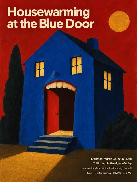 Polish Poster School style party flyer for a fictional house: Housewarming at the Blue Door