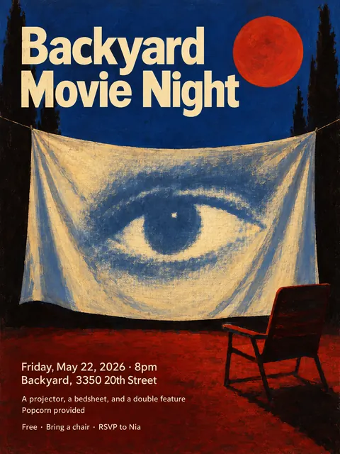 Polish Poster School style party flyer for a fictional house: Backyard Movie Night