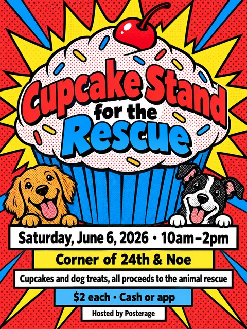 Pop Art style party flyer for a fictional bake-sale: Cupcake Stand for the Rescue