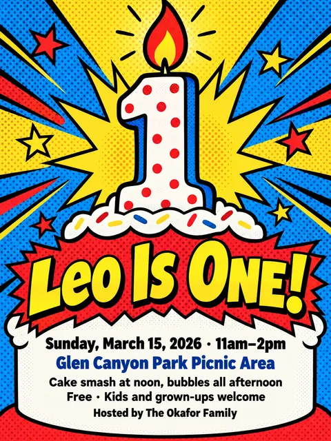 Pop Art style party flyer for a fictional birthday: Leo Is One!