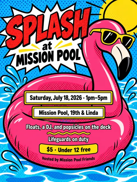 Pop Art style party flyer for a fictional pool: Splash at Mission Pool