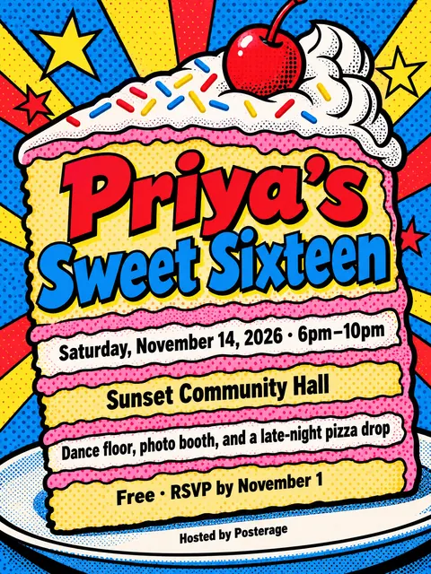 Pop Art style party flyer for a fictional birthday: Priya's Sweet Sixteen