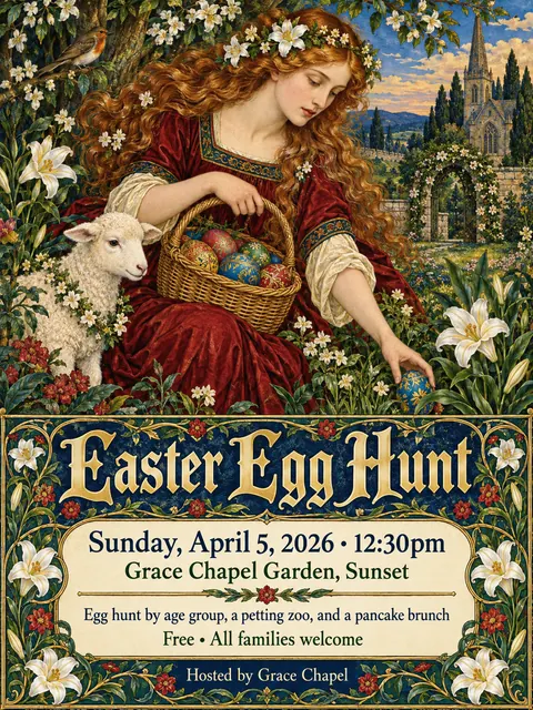 Pre-Raphaelite Illustration style party flyer for a fictional church: Easter Egg Hunt