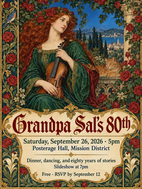 Pre-Raphaelite Illustration style party flyer for a fictional birthday: Grandpa Sal's 80th