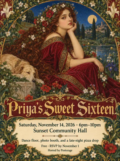 Pre-Raphaelite Illustration style party flyer for a fictional birthday: Priya's Sweet Sixteen