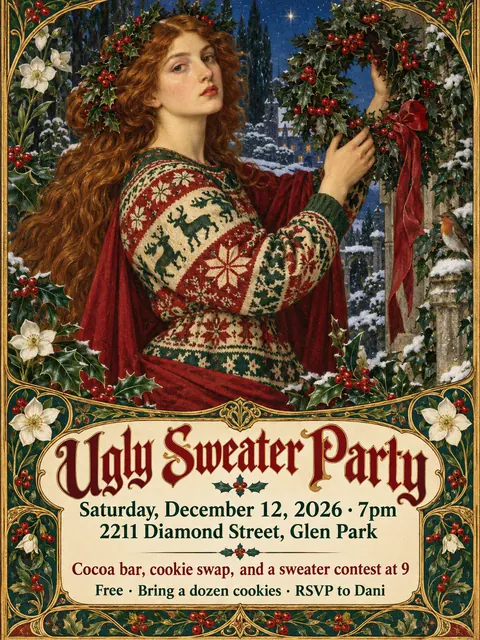 Pre-Raphaelite Illustration style party flyer for a fictional holiday: Ugly Sweater Party