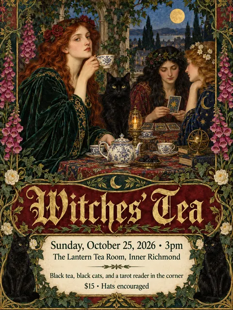 Pre-Raphaelite Illustration style party flyer for a fictional halloween: Witches' Tea