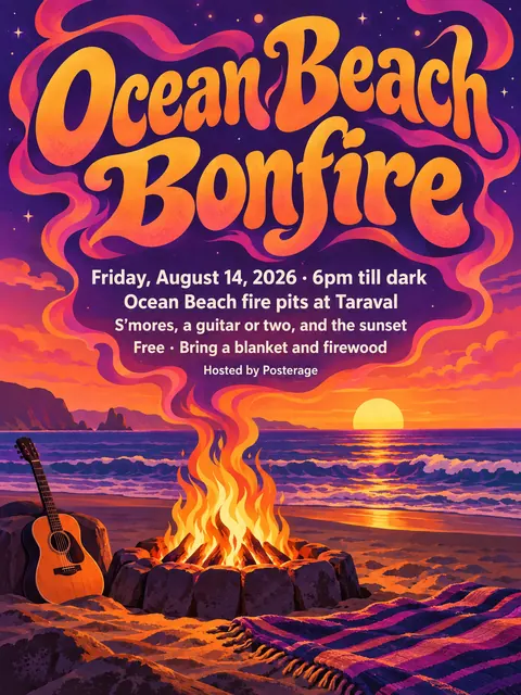 Psychedelic style party flyer for a fictional pool: Ocean Beach Bonfire