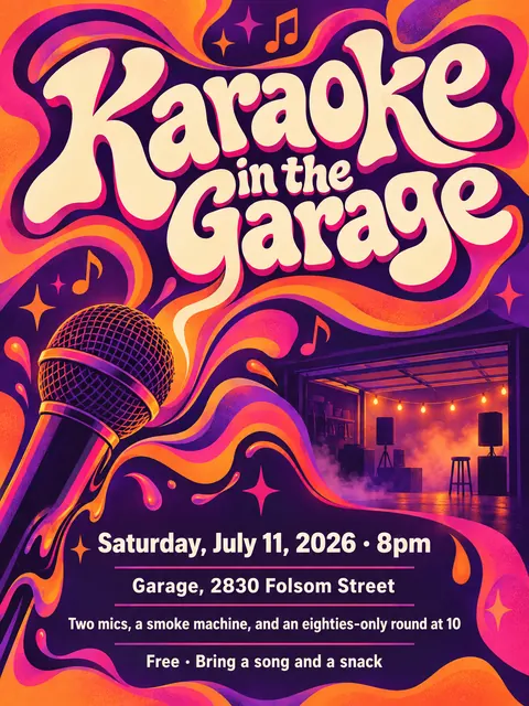 Psychedelic style party flyer for a fictional house: Karaoke in the Garage