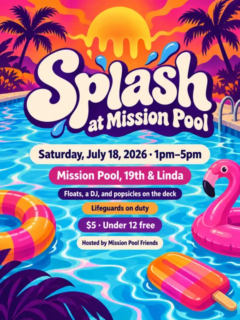 Psychedelic style party flyer for a fictional pool: Splash at Mission Pool