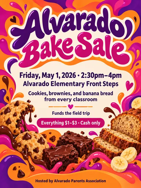 Psychedelic style party flyer for a fictional bake-sale: Alvarado Bake Sale