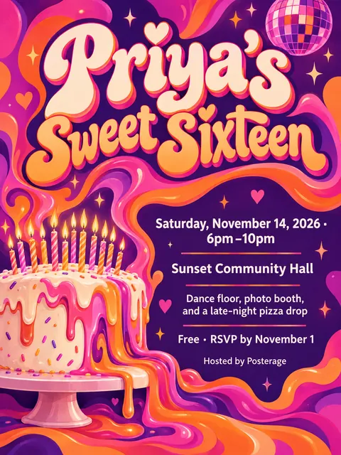 Psychedelic style party flyer for a fictional birthday: Priya's Sweet Sixteen