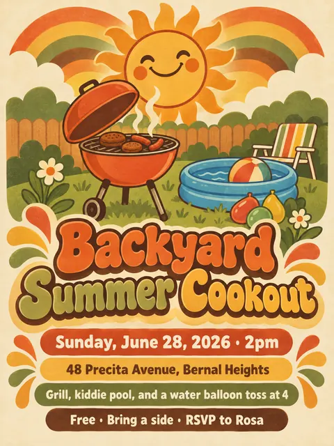 Psychedelic Seventies Corporate style party flyer for a fictional pool: Backyard Summer Cookout